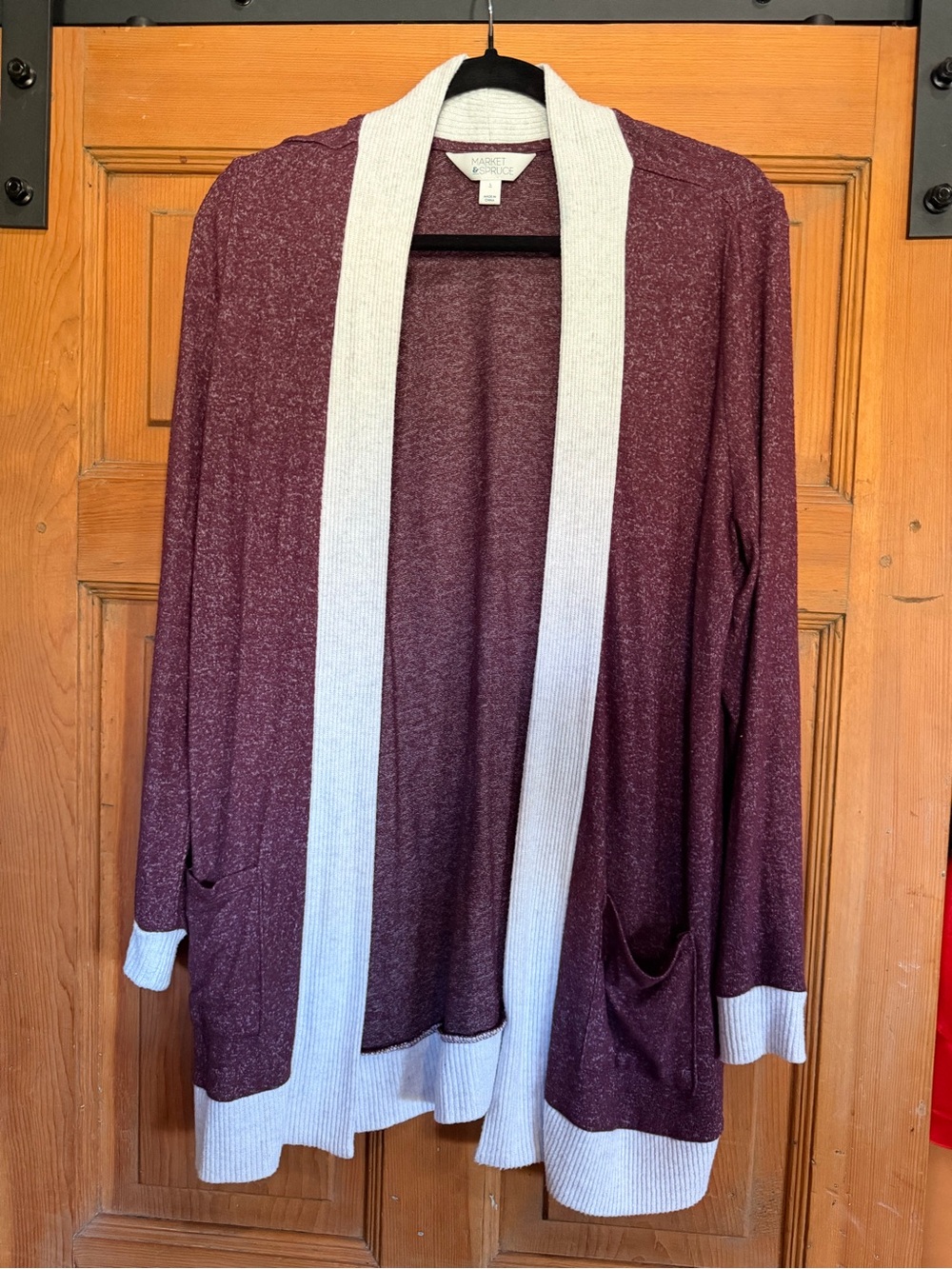 2/30$ Market & Spruce Maroon Open-Front Cardigan with light greyTrim